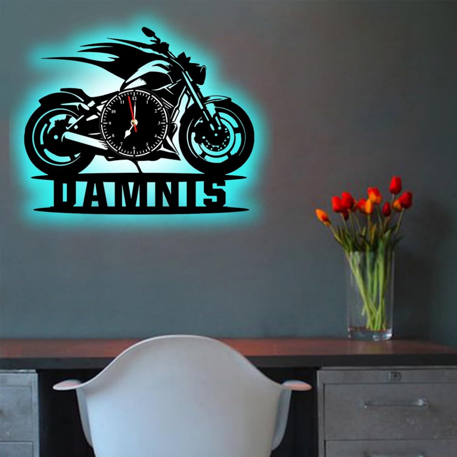 Personalized Motorcycle Wall Clock Neon Lamp, Custom Name Garage Metal Wall Watch Clock with Led Light for Men Dad Boys Riders Motorcyclist Motocross Rider Man Cave Living Room (Style 4)