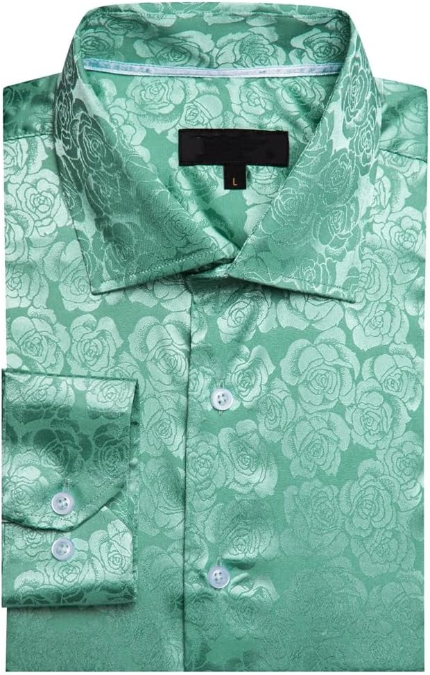 Silk Long Sleeve Green Flower Slim Fit Male Blouese Casual Tops Formal Streetwear Breathable(2XL)