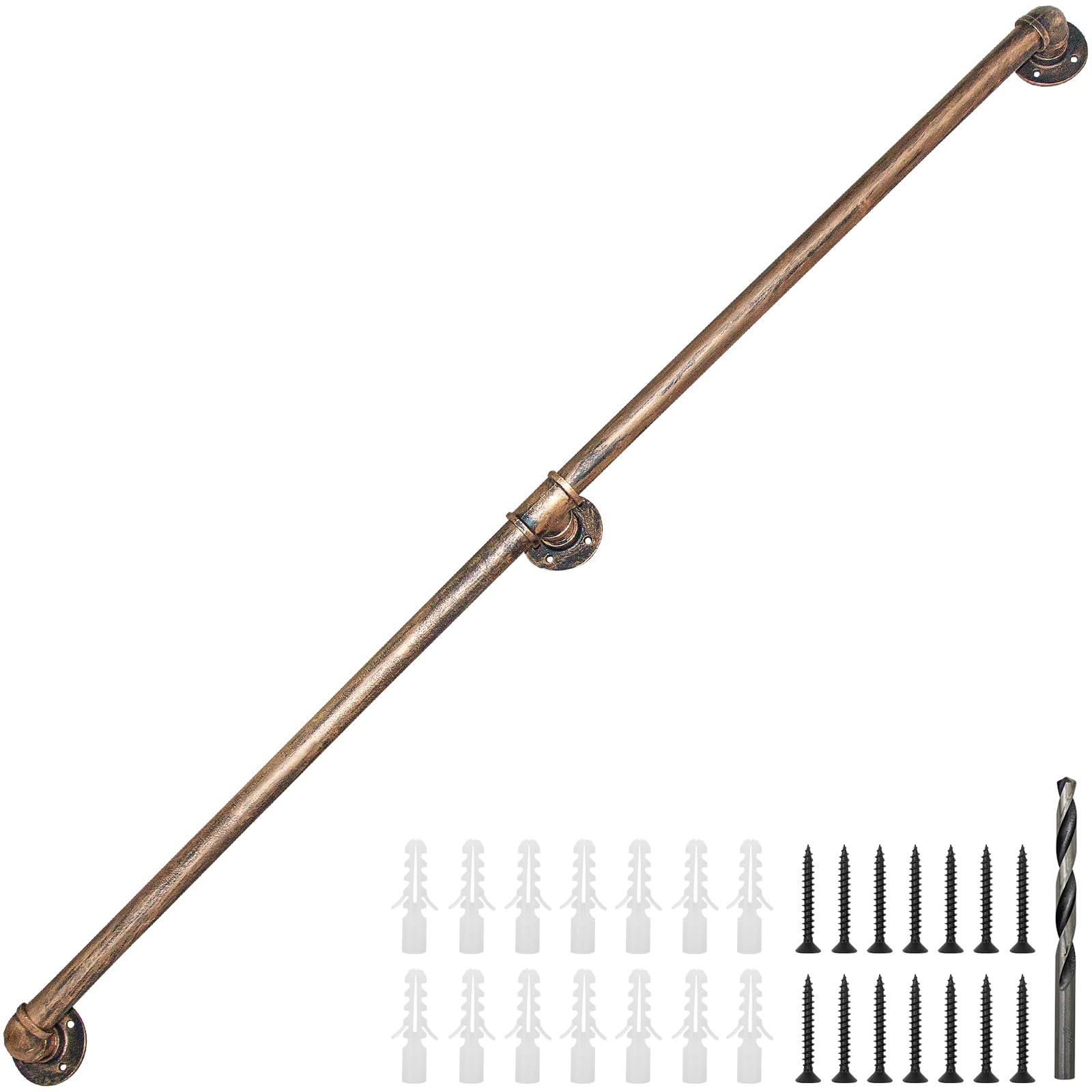 Rebala Wall Handrail 8FT,Industrial Staircase Railing 1.25 Inch Tube Diameter,Galvanized Pipe Handrail,Handrails for Indoor Stairs with Wall Mount Support for Indoor, Outdoor,Antique Brass