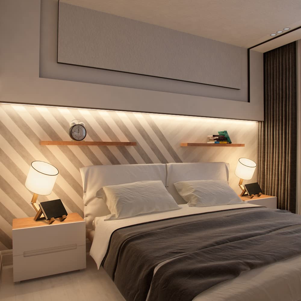 Lampada da Tavolo Robot Creativo 2pcs Set, Lampada da Comodino in Legno Regolabile con Paralume in Tessuto E27 Vite, Adatto per Bambini Camera da Letto Ufficio Soggiorno Illuminazione