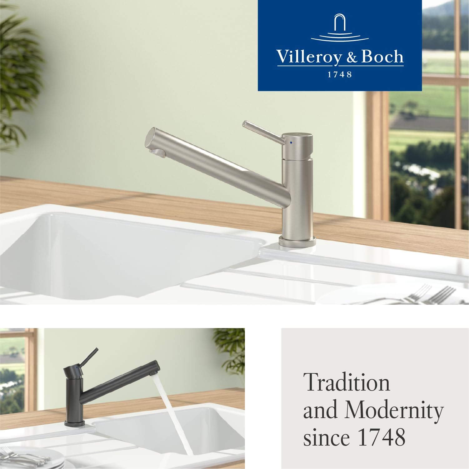 Villeroy & Boch Como bateria kuchenna, niskie ciśnienie, kran kuchenny z ceramicznym wkładem i zakresem obrotu 360°, bateria zlewozmywakowa, oszczędność wody, wysokość wylotu 135 mm, masywna stal