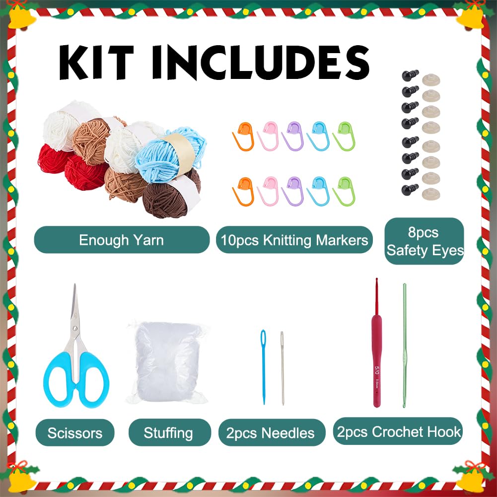 ORIGACH Set di 4 kit all'uncinetto natalizio per principianti, kit completo per lavori a maglia con renna e amigurumi, con video tutorial passo-passo, filato grosso e strumenti per regali di Natale