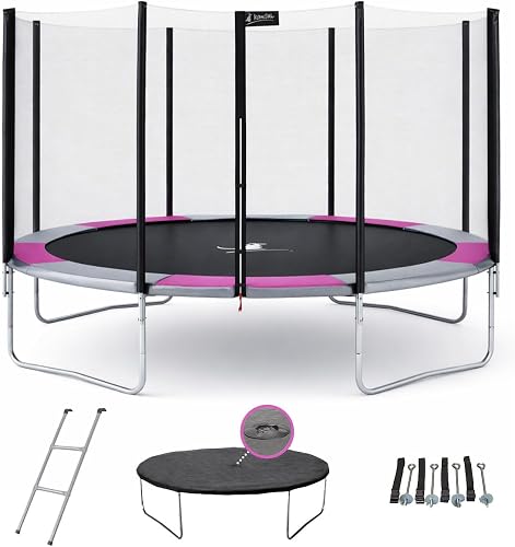 Trampoline Ralli gris et rose, filet, échelle, bâche et ancrage Kangui