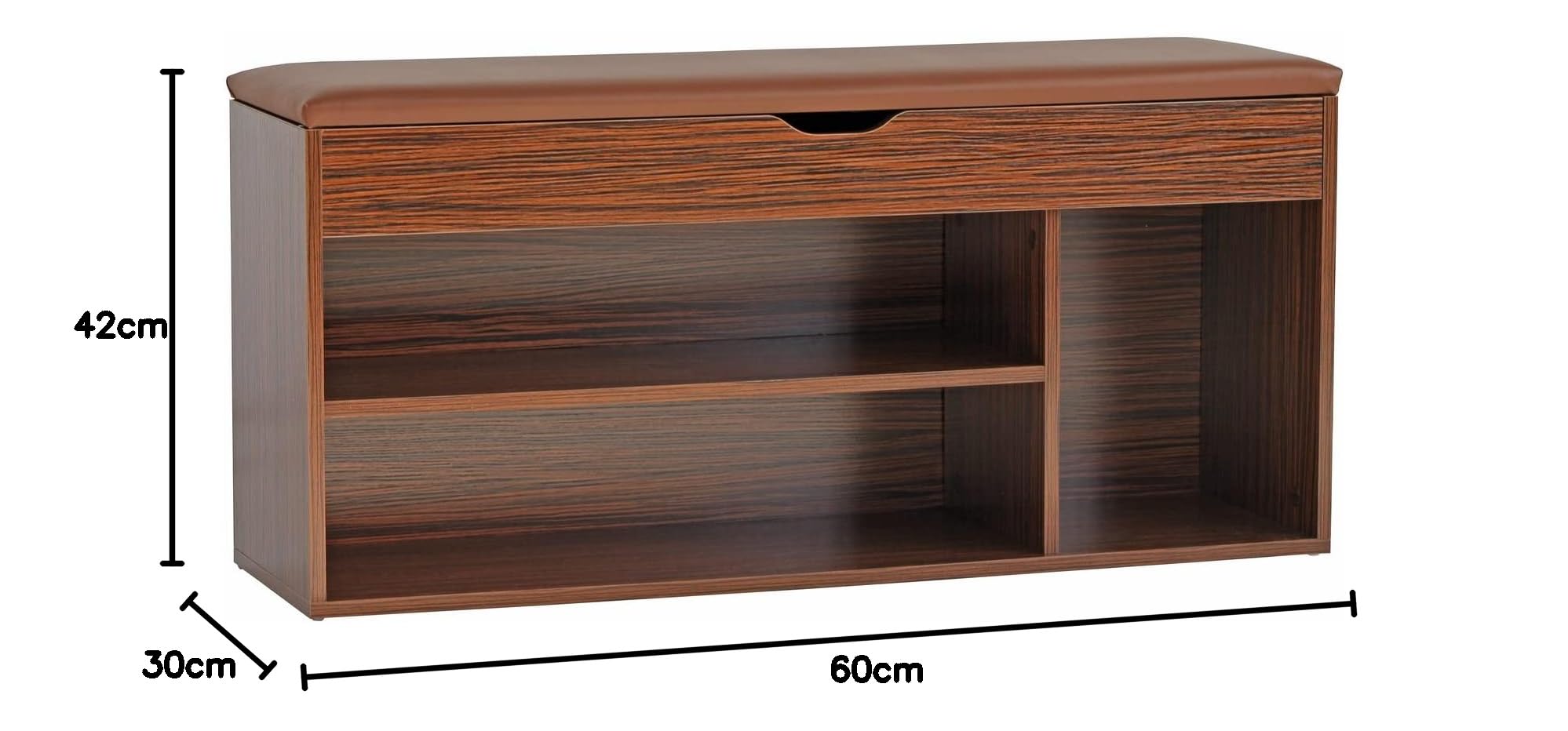 Brigros WeHome - Cassapanca Scarpiera Con Seduta Imbottita, Scarpiera Salvaspazio, Panca Contenitore, Mobile Ingresso Per Arredamento Casa Con Cassette Legno (Zebrano, 3 Scomparti, 63x115x24)