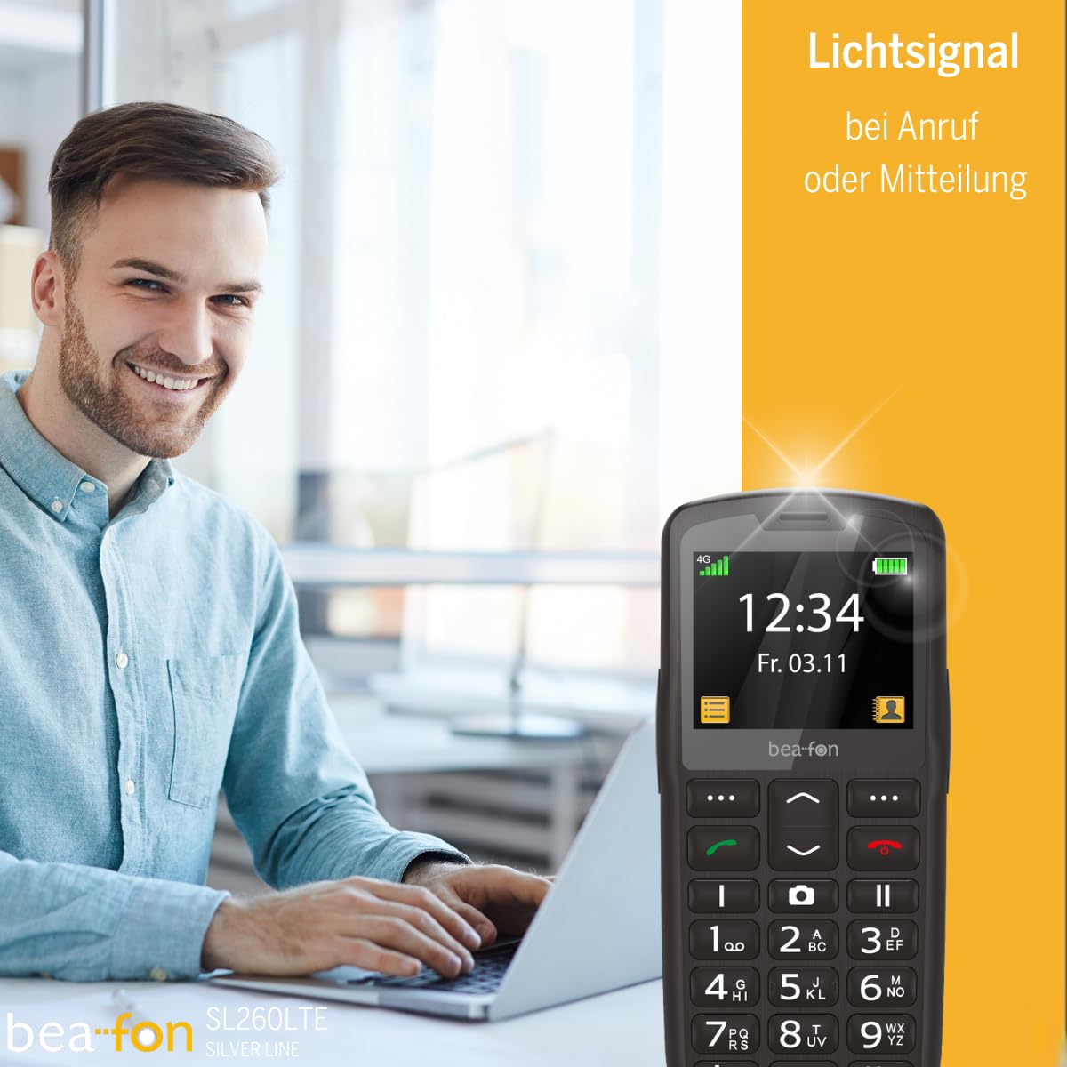 Beafon, SL260 LTE 4G, Silverline, telefon z przyciskiem, telefon komórkowy dla seniorów z przyciskiem alarmowym SOS, kompatybilny z aparatami słuchowymi, M4/T4, sygnał świetlny, wyświetlacz 2,2" (5,58