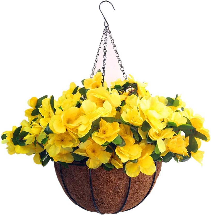 Home Wedding Porch Decoration Indoors Chain Hanging Basket Flowers Silk Azalea with Artificial Grass (Yellow)