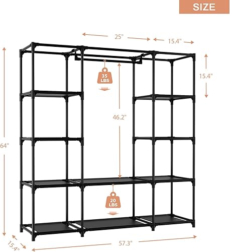 Miniatura 3 de Armario portátil para colgar ropa de 57.3 pulgadas, armario de gran capacidad con tapa, 8 bolsillos y 1 barra para colgar, organizador de armario de