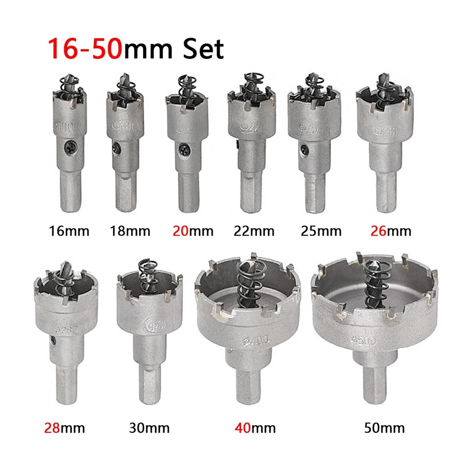 Juego de 10 brocas corona aleación 16-53 mm con punta carburo TCT for corte metal, for coronas perforación acero inoxidable(16-50mm 10PCS)