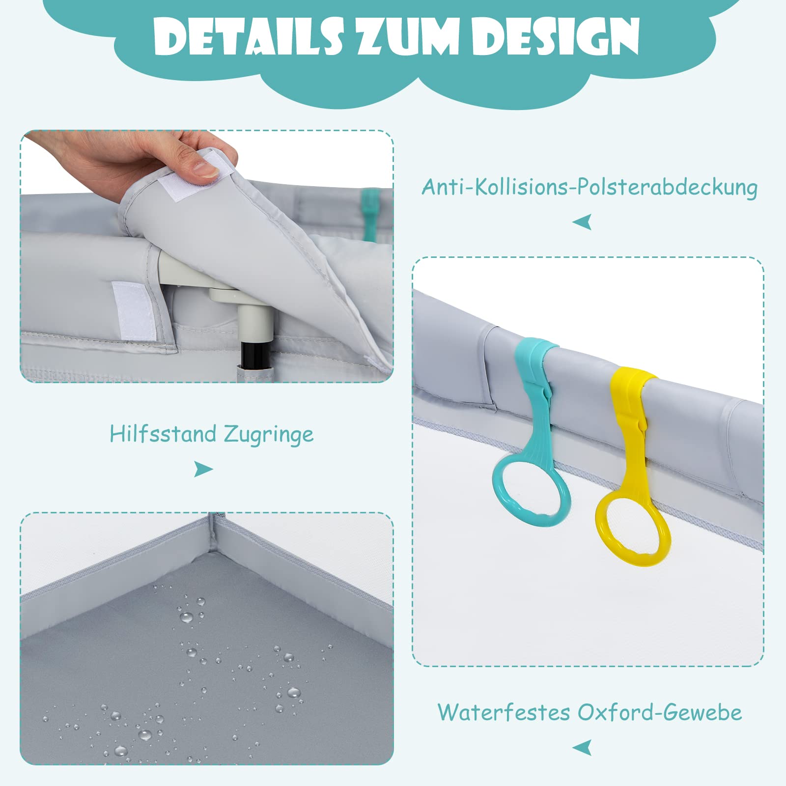 DREAMADE Laufstall Baby, 126 x 126 cm Laufgitter Klappbar mit 50 Spielbällen & 4 Zugringen, Schutzgitter mit Atmungsaktivem Netz & Reißverschluss (Hellgrau)