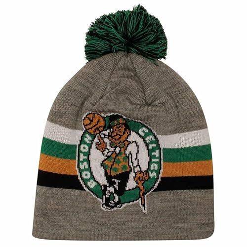 Mitchell & Ness Boston Celtics Gray Boost Skull Cap with POM - NBA Cuffless Beanie Knit Hat