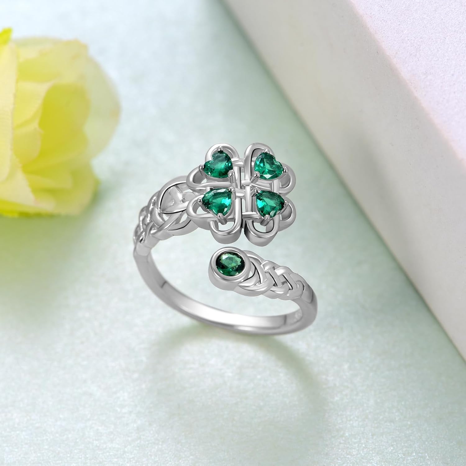 St Patricks Day Shamrock Ring 925 Sterling Silver Celtic Knot Ring Four Leaf Clover Rings for Women Clover Jewelry Gifts for Women - Image 3
