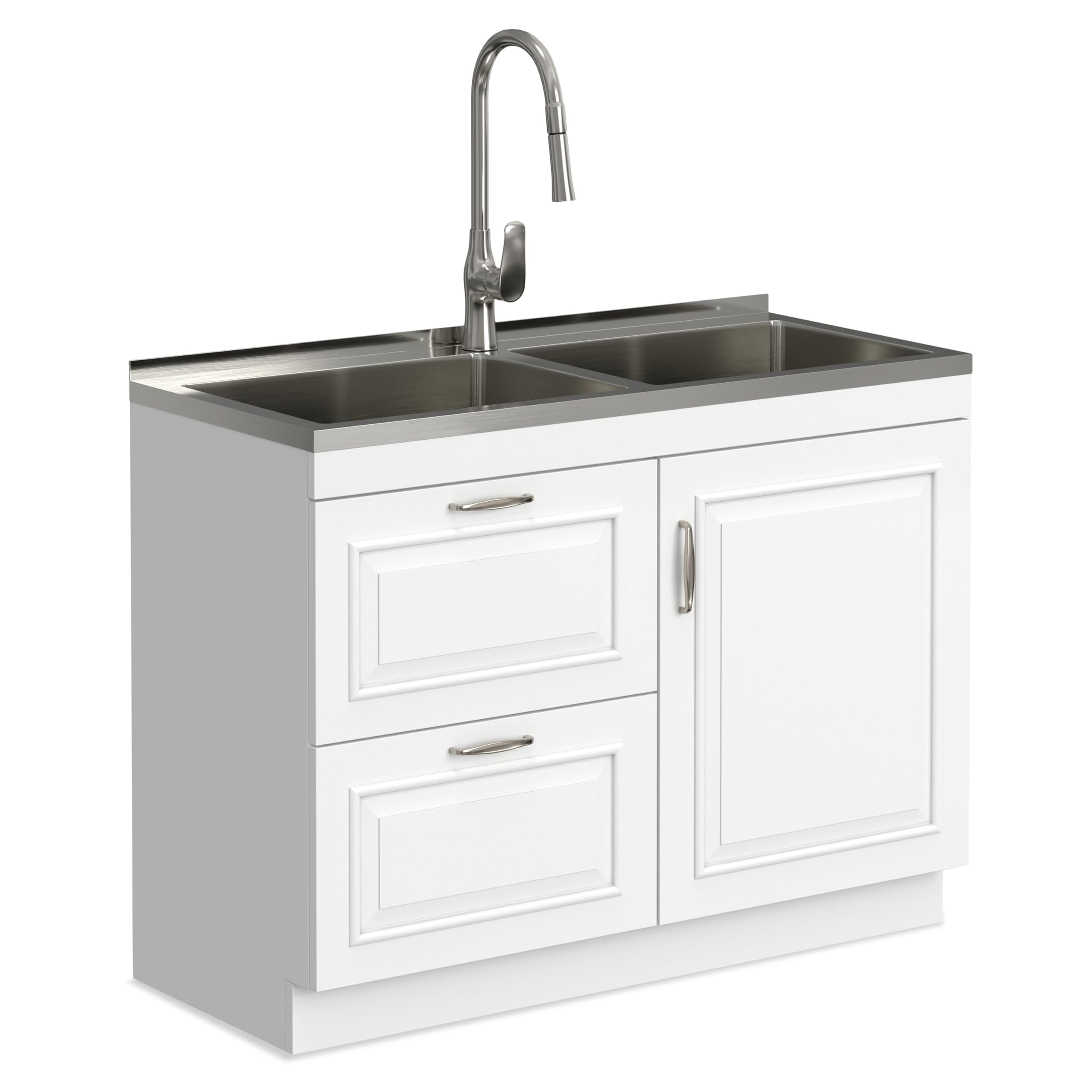 SIMPLIHOME Darwin All-in-One 46 inch Wide Utility Sink and Laundry Cabinet in Pure White Finish, Transitional Stainless Steel Dual Sink Cabinet for