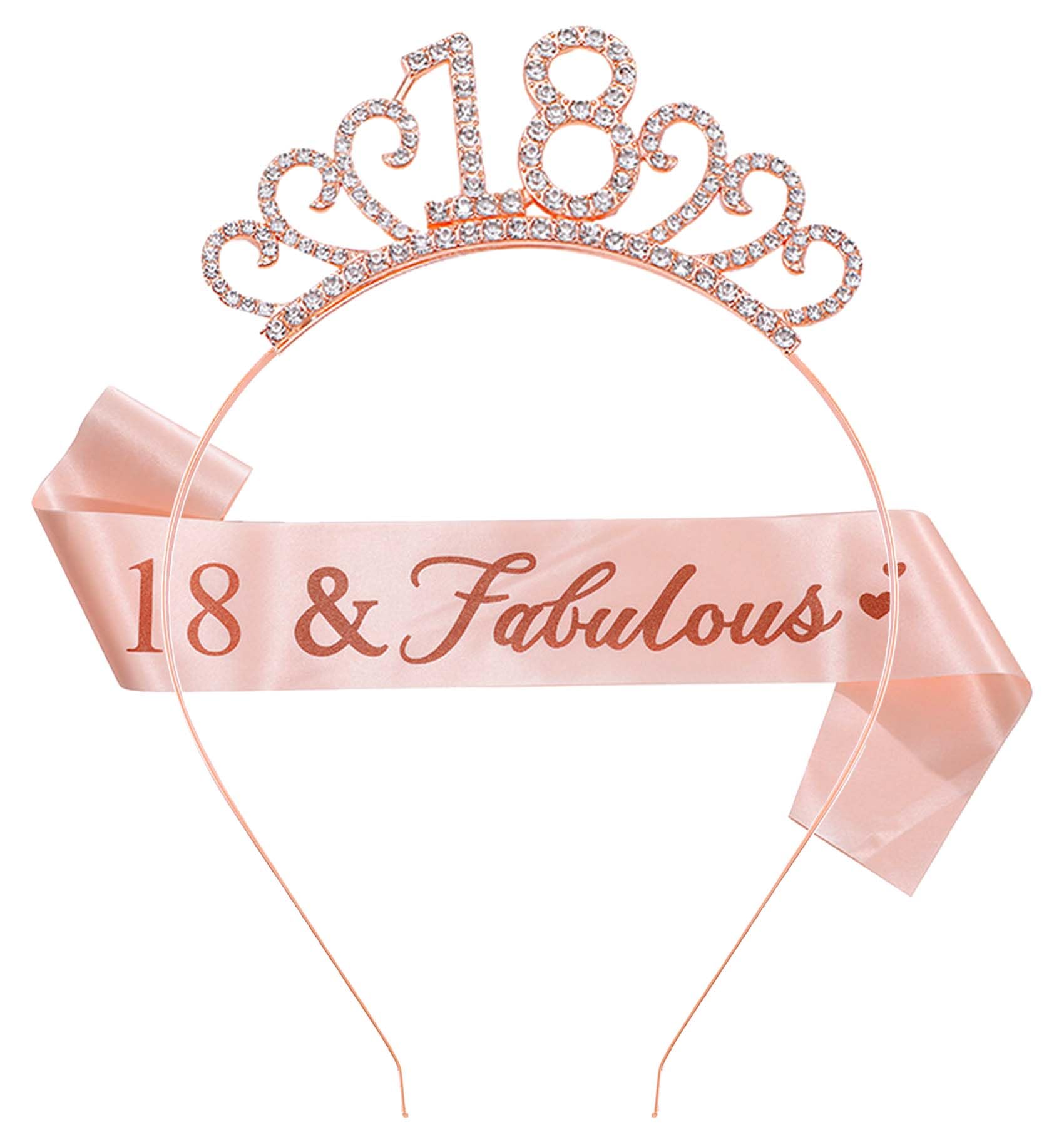 WeveriColle 18th Birthday Sash Crystal Tiara Crown for Girls 18th Birthday Decorations and Birthday Gift & Party Accessory Rose Gold
