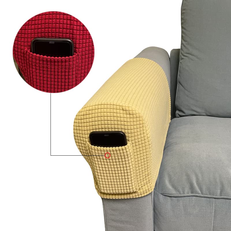 Sofa Armrest Protectors for Armchairs, Sofas, Non-Slip Armchair, 2PCS/Set Fleece Premium Armrest Covers Stretchy Chair Sofa Couch Arm Protector Stretch Fit (Beige with Pocket)