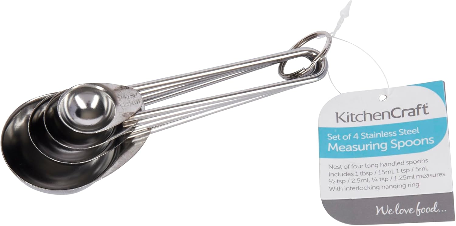 KitchenCraft Stainless Steel Measuring Spoons (4-Piece Set), Silver