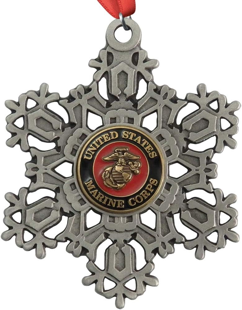 Indiana Metal Craft US Marine Corps Snowflake Ornament – Solid Pewter Christmas Tree Decoration with Brass EGA Emblem, 2.25 Inch Round Military Ornament with Red Ribbon and Gift Box, Made in USA