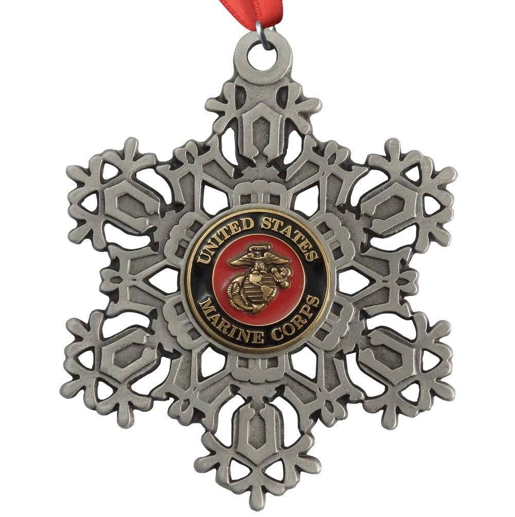 Indiana Metal Craft US Marine Corps Snowflake Ornament – EGA Enamel Pewter Ornament with Solid Brass Emblem, Unique Christmas Decoration, Made in USA
