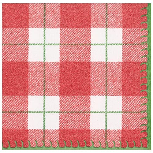 Caspari Plaid Check Paper Linen Dinner Napkins in Red, 12 Per Package