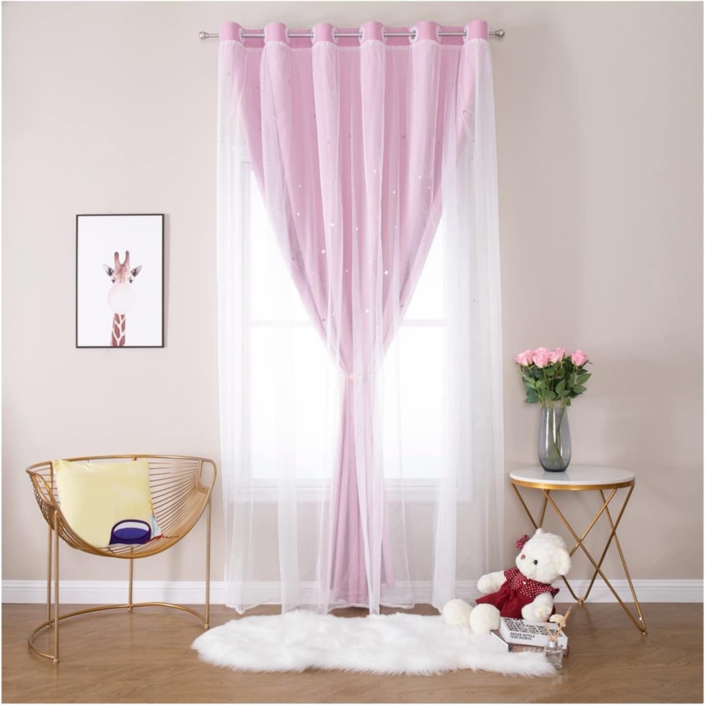 Daesar Modern Curtains 2 Panels Blackout, Bedroom Curtains Eyelet Polyester Pink White Double Layer Star Window Treatment Curtains 38" W x 84" L