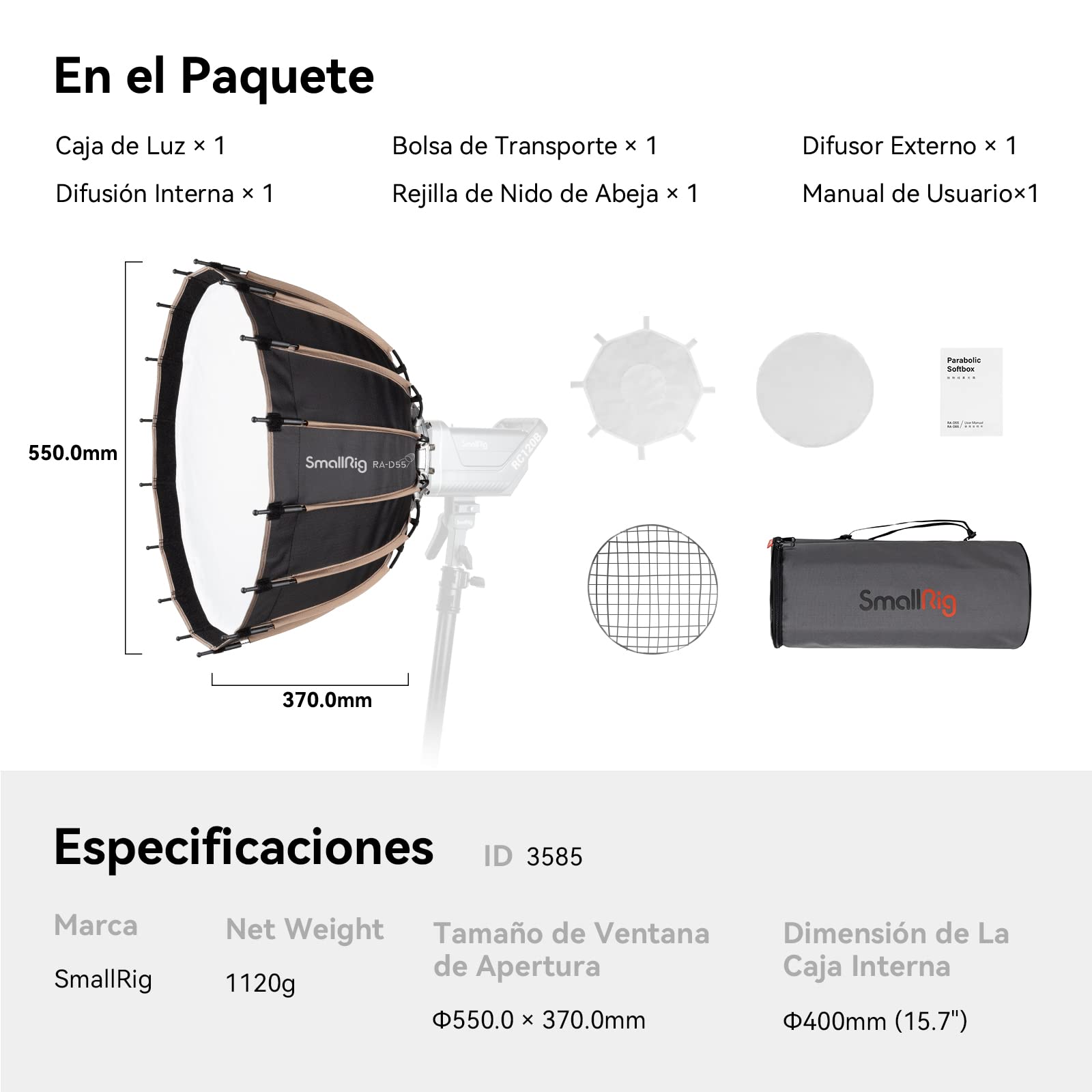 SMALLRIG Softbox Parabólico (RA-D55), 55 cm de diámetro Paraguas Softbox ligero parabólico de liberación rápida, para SMALLRIG RC 120D/RC 120B/RC 220D/RC 220B y otras lámparas de montaje Bowens - 3585