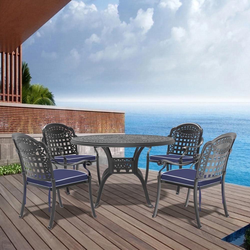 Durable Cast Aluminum Outdoor Patio Furniture Set for Backyard, Deck or Garden with Weather-Resistant Finish and Comfortable Seating (Aluminium + 5 Piece + Cushions-1)