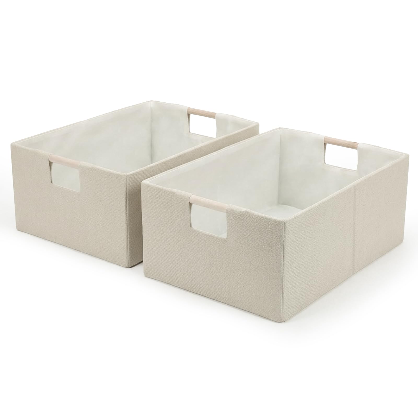 Contenedores de almacenamiento plegables de tela, 2 paquetes de cubos de almacenamiento de tela con asas de madera, cestas de almacenamiento para artículos del hogar, cesta de almacenamiento