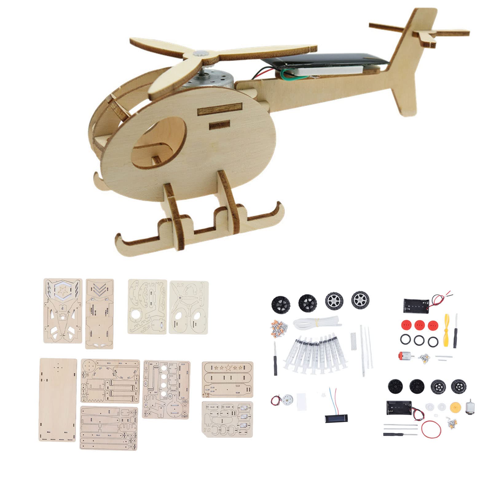Projekt naukowy DIY dla dzieci w wieku 6–14 lat — zestaw do montażu drewnianych puzzli 3D — kolekcja 4 zestawów, w tym koparka-helikopter samolotowy i samochód wyścigowy —