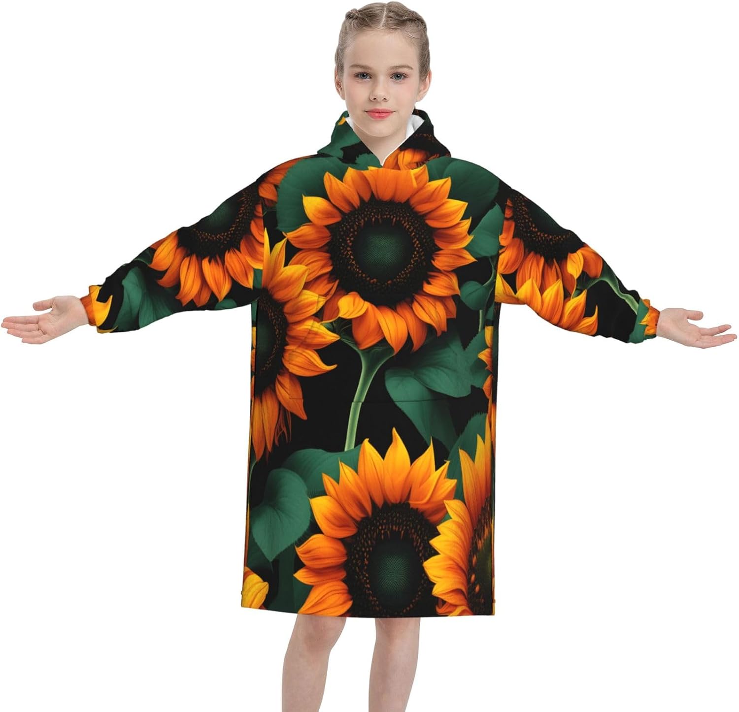 Orange Sunflower Wallpaper Print Oversized Blanket Hoodie, Wearable Blanket Hooded,Hooded Pullover With Pocket