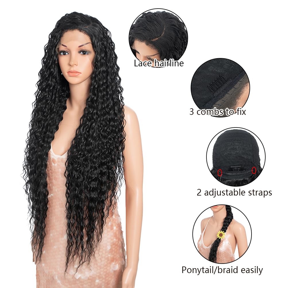 Style Icon 36”Super Long Curly Wig C-Shaped Side Part Lace Wig Afro Baby Hair Synthetic Black Wigs(36 inches, 1B)