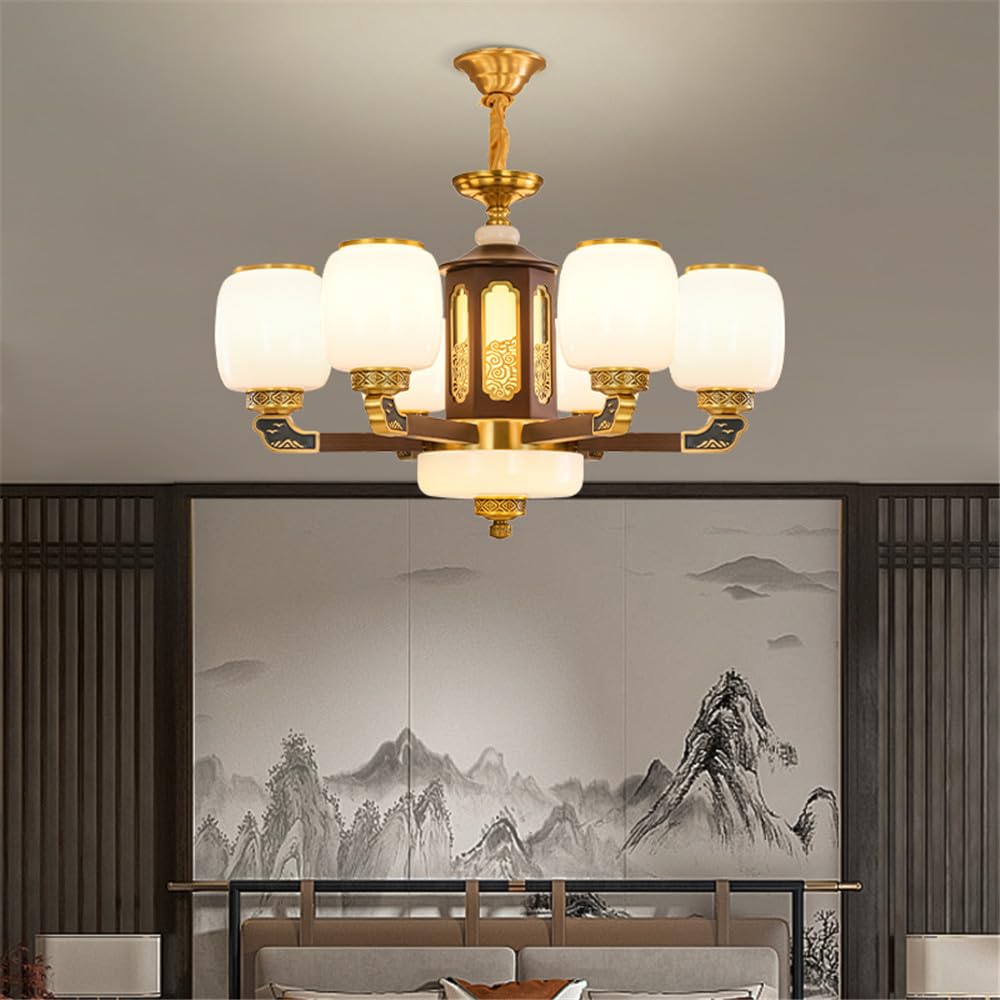 SXECAEPS Contemporary Luxury Brass Chandelier LED Chinese Style Living Room Bedroom Dining Villa Hotel Tearoom Cafe Pendent Lights (E 6 Lights)
