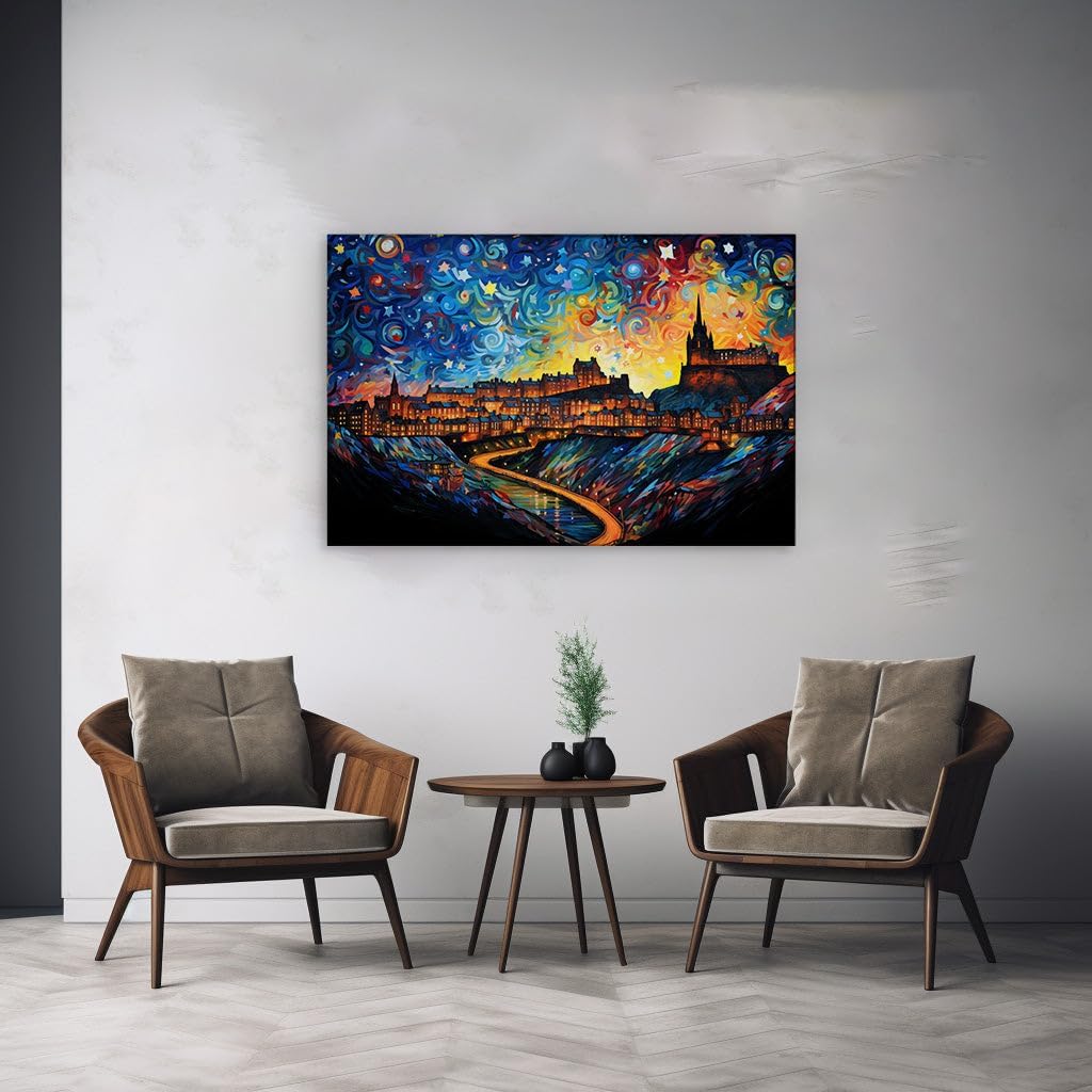 Canvas for Living room. Illuminating Dreamscape: A Nocturnal Vision of Edinburgh's City Lights and Starry Sky, 27 x 18 inch Canvas Wall Art - Ready to Hang