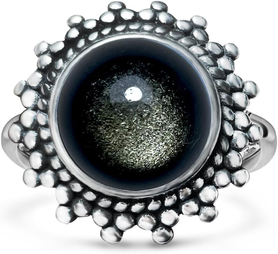 HAIXIAN Silver Natural Obsidian Stone Ring for Women,Retro S925 Sterling Silver Gemstone Ring Jewelry Gift for Her
