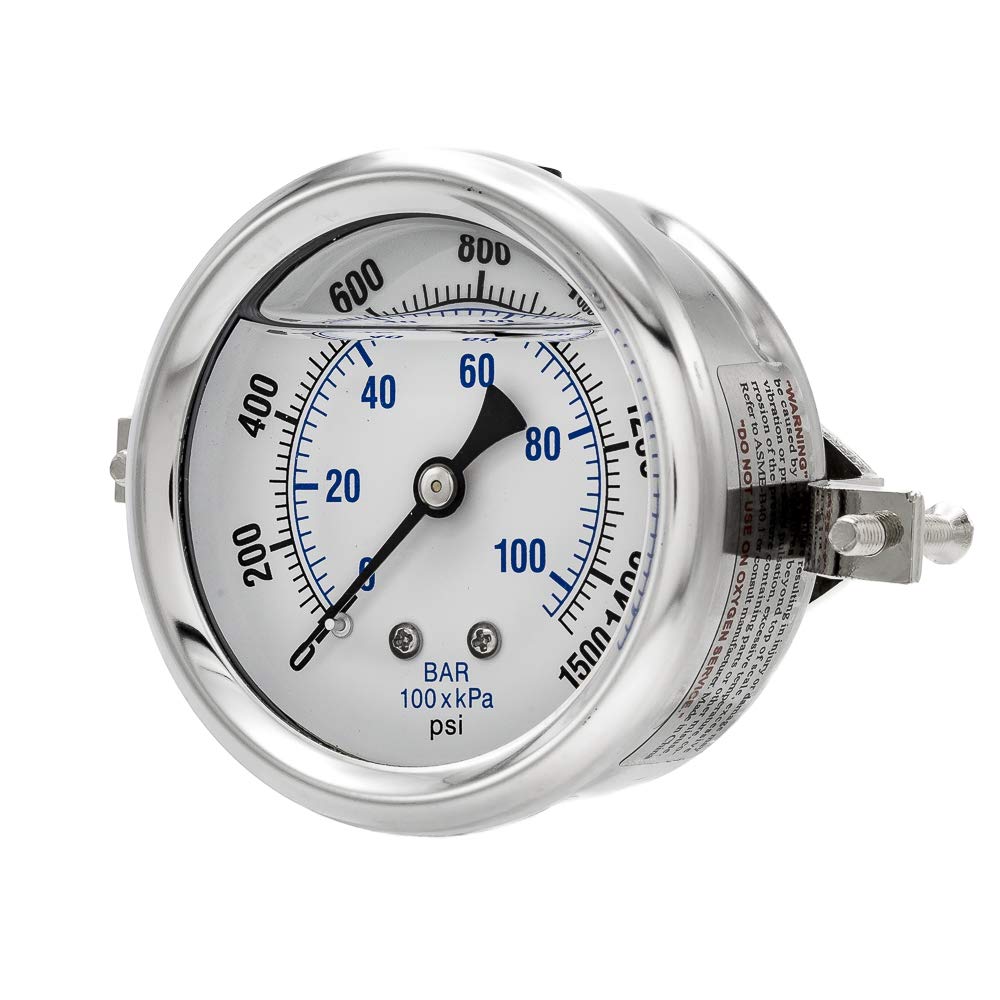 PIC Gauge PRO-203L-254N Glicerina - Manómetro de montaje en panel industrial con caja de acero inoxidable, interior de latón, lente de plástico, tamaño de esfera de 2-1/2", macho NPT, 0/1500 psi
