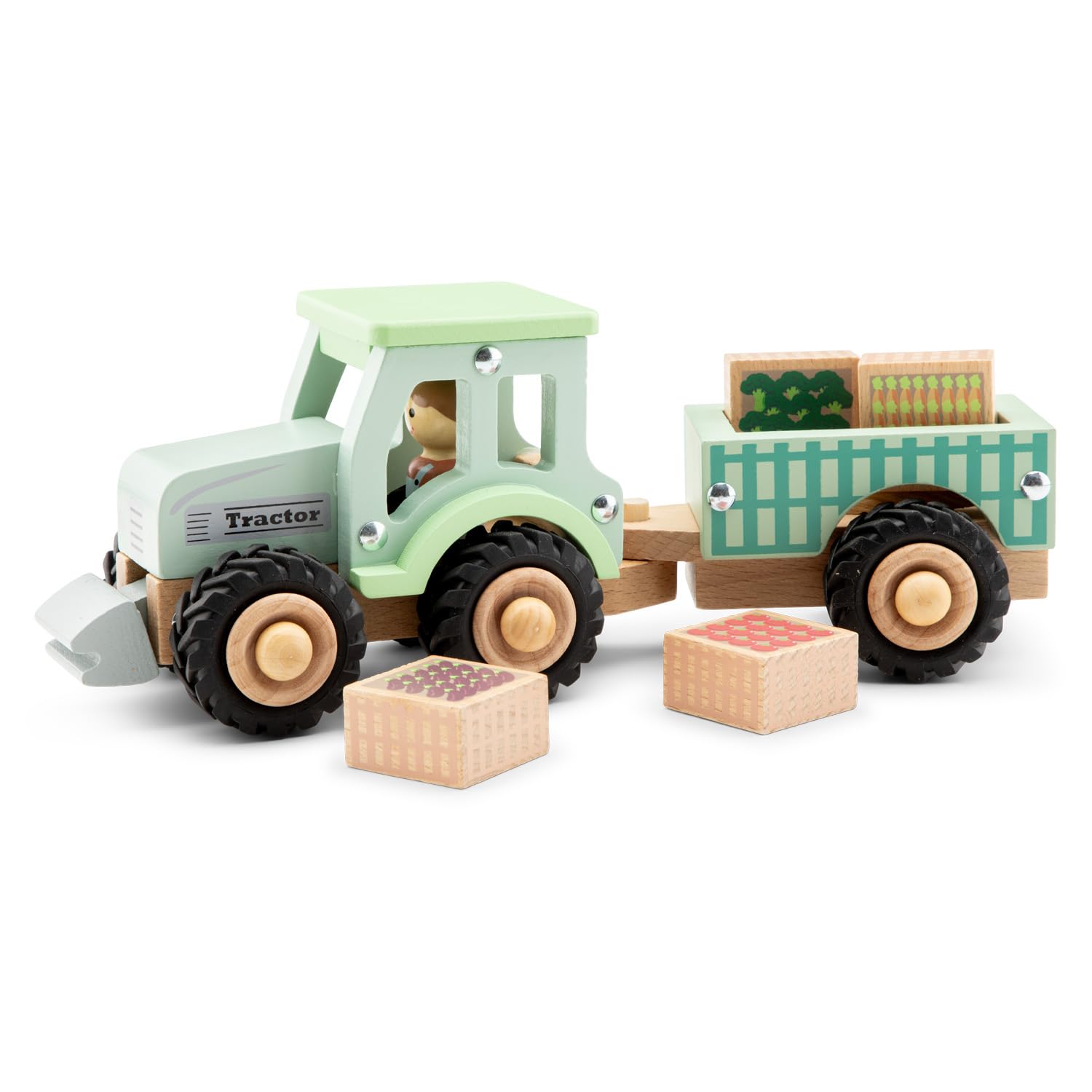 Woet Wooden Tractor with Detachable Trailer for Toddlers 18 Months+ – Farm Toys with Toy Vegetables – Wooden Vehicles, Toy Car – Pretend Play Playset – Gift for Boys and Girls