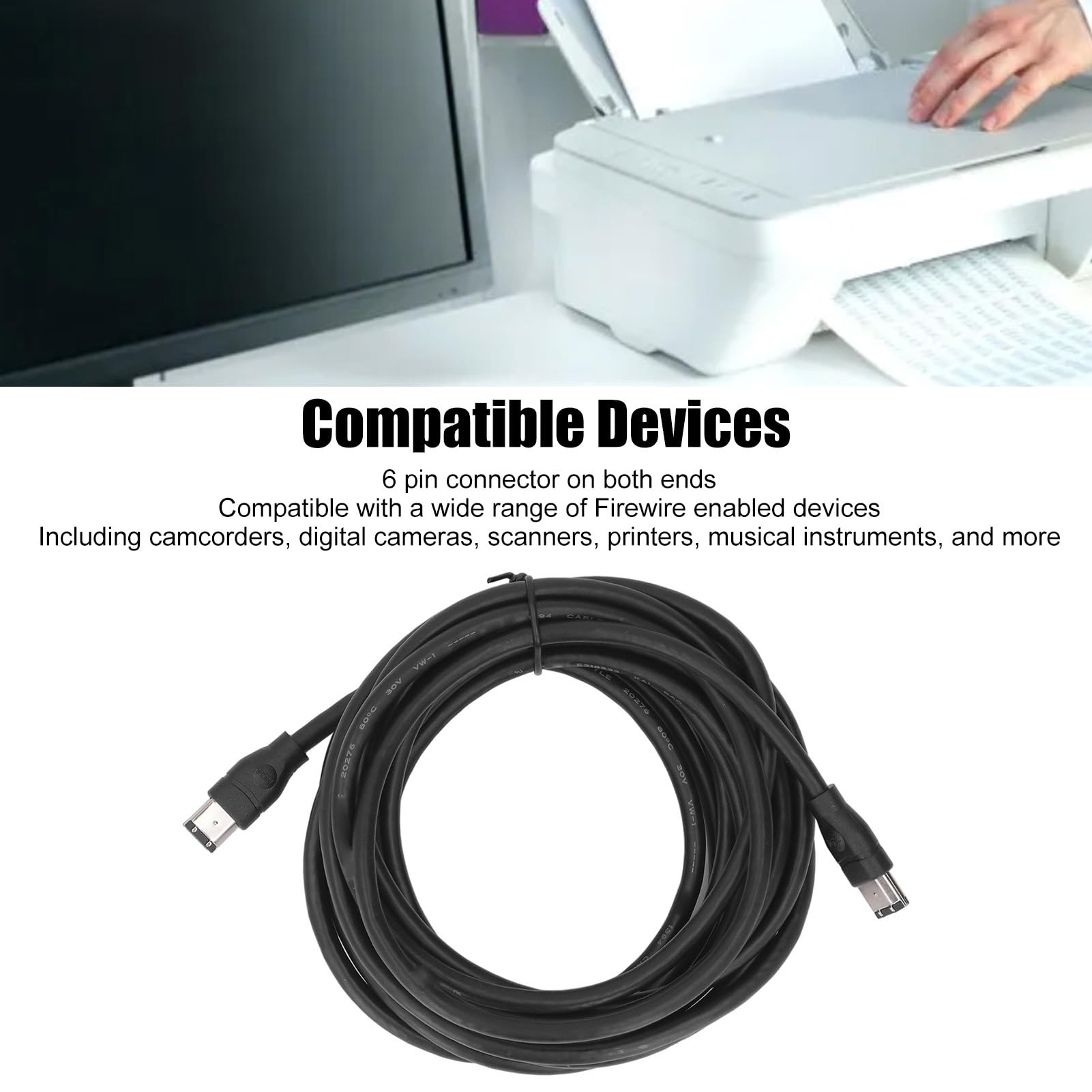 Cuifati Cable Firewire DV, Cable Firewire Premium de Alta Velocidad, 6 Pines Macho a 6 Pines Macho IEEE1394 Cable Firewire para Videocámara Cámara Digital Impresora 14.8 Pies