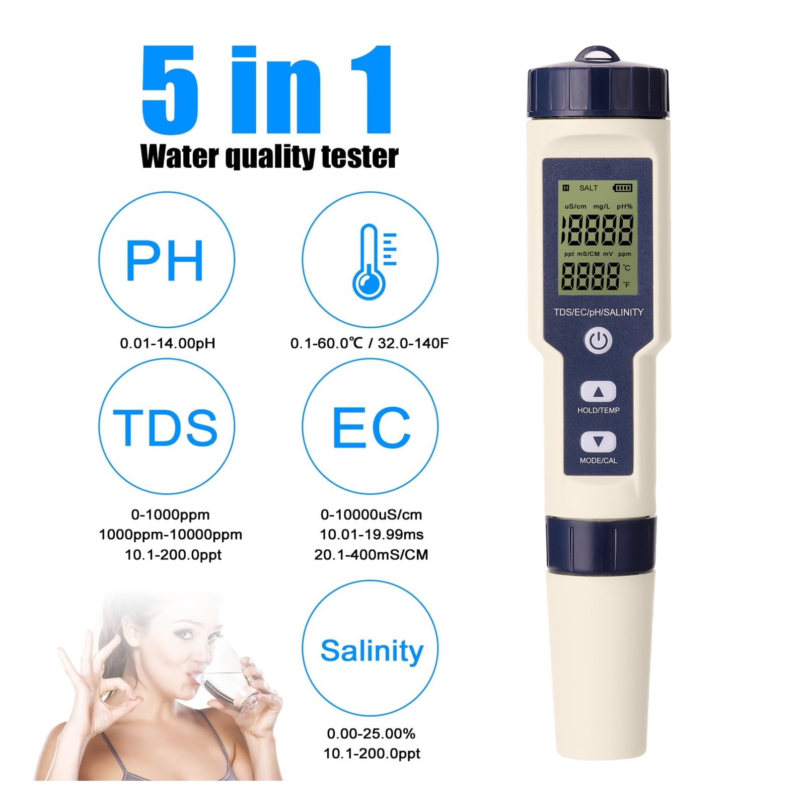 TDS Testeur, Compteur de qualité de l'eau à Fonction 5 en 1, testeur de salinité PH TDS EC avec rétro-éclairage for l'aquaculture, l'eau Potable et la Piscine(with Backlight)