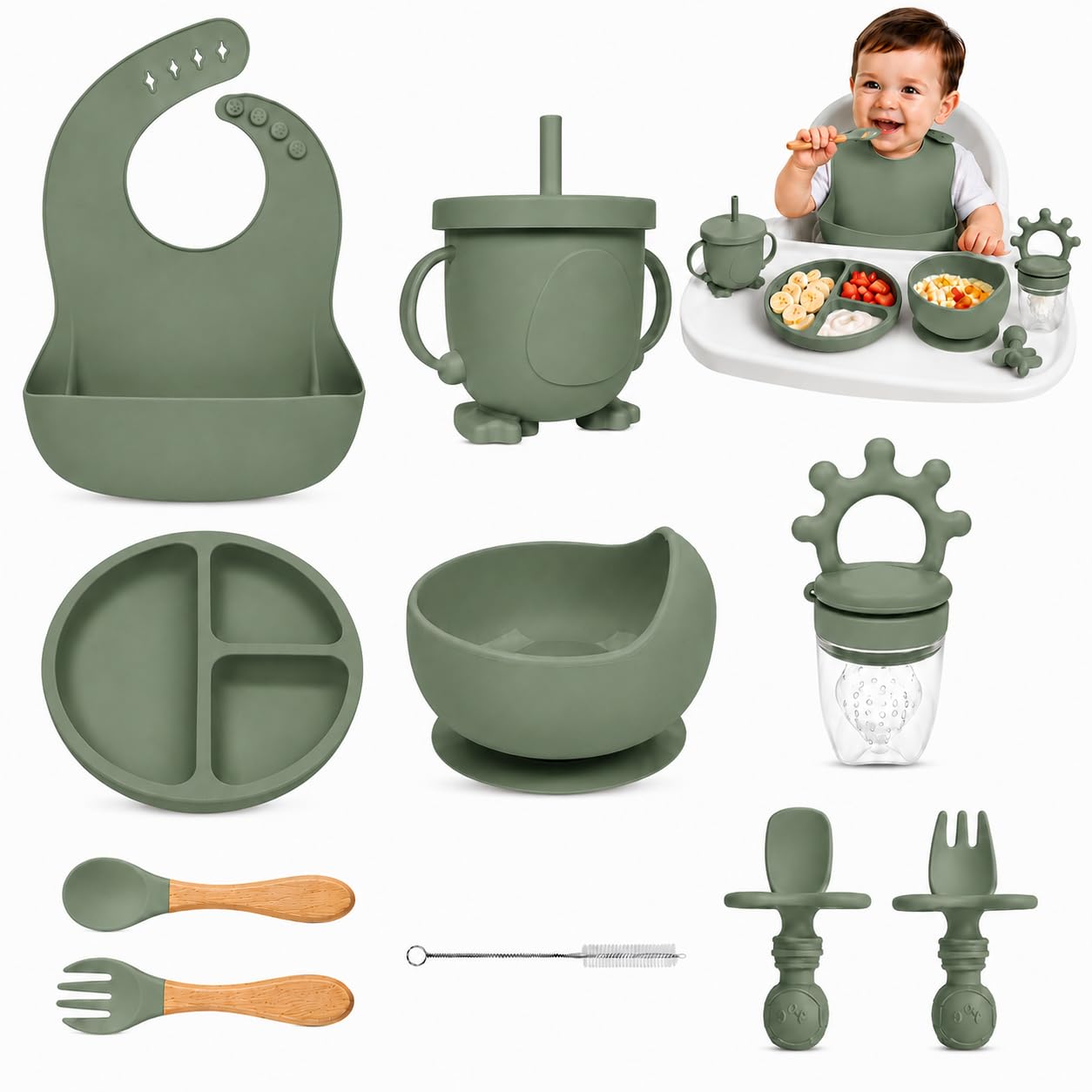 MAK2 Baby Weaning Set - 11 Pcs Silicone Baby Feeding Set with Suction Plate, Bowl, Adjustable Bib, Straw Cup, Spoon, Fork, Fruit Feeder & Teether – Ideal Weaning Set Baby Gift (Parrot Green)