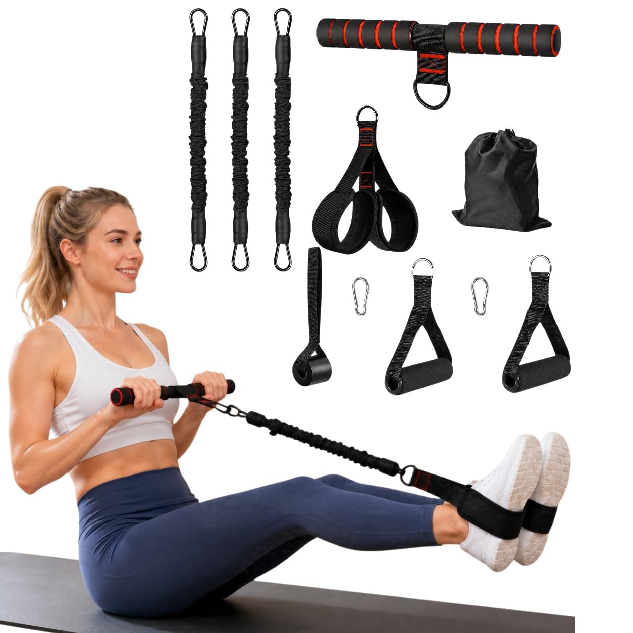 Pedal Resistance Bands with Handle, 3 Tube Multifunctional Tension Rope for Abs, Waist, Arm, Thigh Trainer at Home, Stretching Strength Sit Up Exercise Equipment (black)