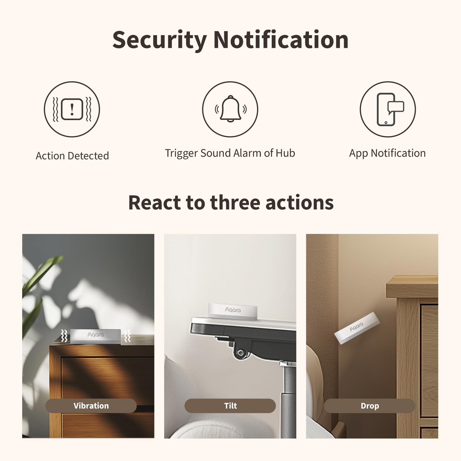 Aqara Capteur de vibration T1, automatisation à triple pulsation, trois réglages de sensibilité, Zigbee 3.0, alertes instantanées, blanc