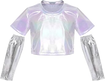 Marrywindix Metallic Dance Tops Long Sleeve Shiny Hip Hop Dance Tops Holographic Shirt for Girls Rave Disco Dance Costumes