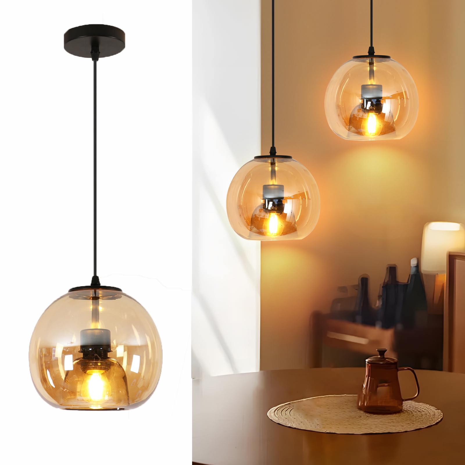 Lámpara colgante Vintage, Lámpara de Techo de vidrio ámbar, Cable Colgante Ajustablepara, Lámpara colgante para Comedor, Dormitorio, Café, Barra (E27, Diámetro 20cm,Sin bombillas)