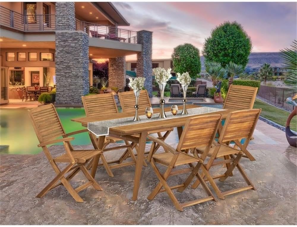 Pemberly Row 7-Piece Patio Dining Set, Rectangular Wood Table & 6 Folding Chairs, Natural Oil Finish, Lightweight Outdoor Furniture for Garden or Patio Dining with Small Gatherings, Easy to Store