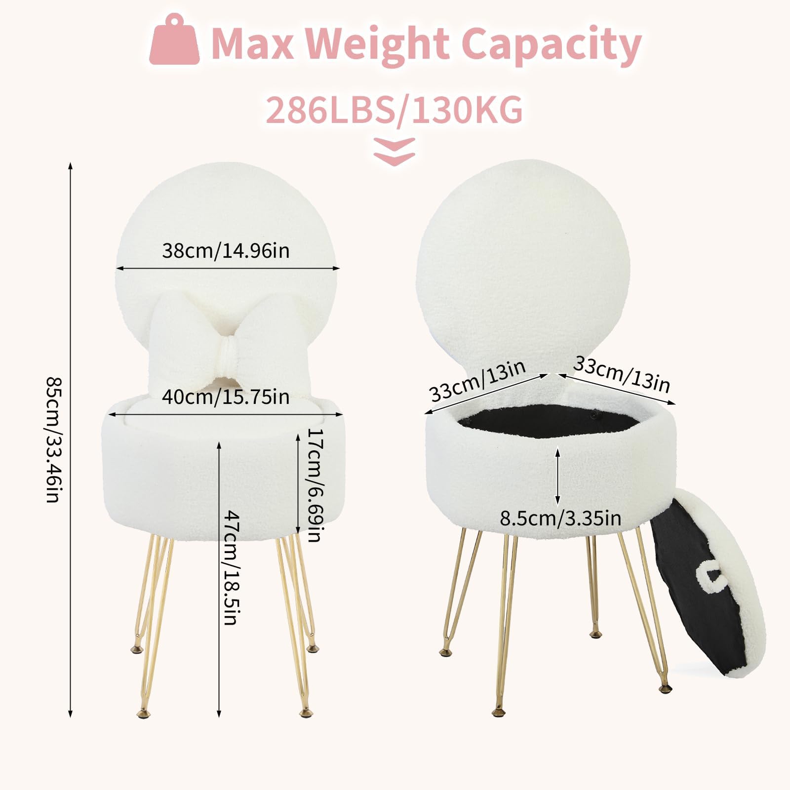 Silla de maquillaje con 9 l de espacio de almacenamiento y respaldo plegable, taburete de maquillaje de felpa Sherpa con cojín, para tocador y dormitorio, color blanco