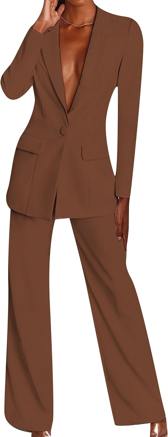 YMING Womens Fall 2 Piece Blazer Set Casual Solid Color Long Blazer Jackets and Wide Leg Pant Suits with Pockets