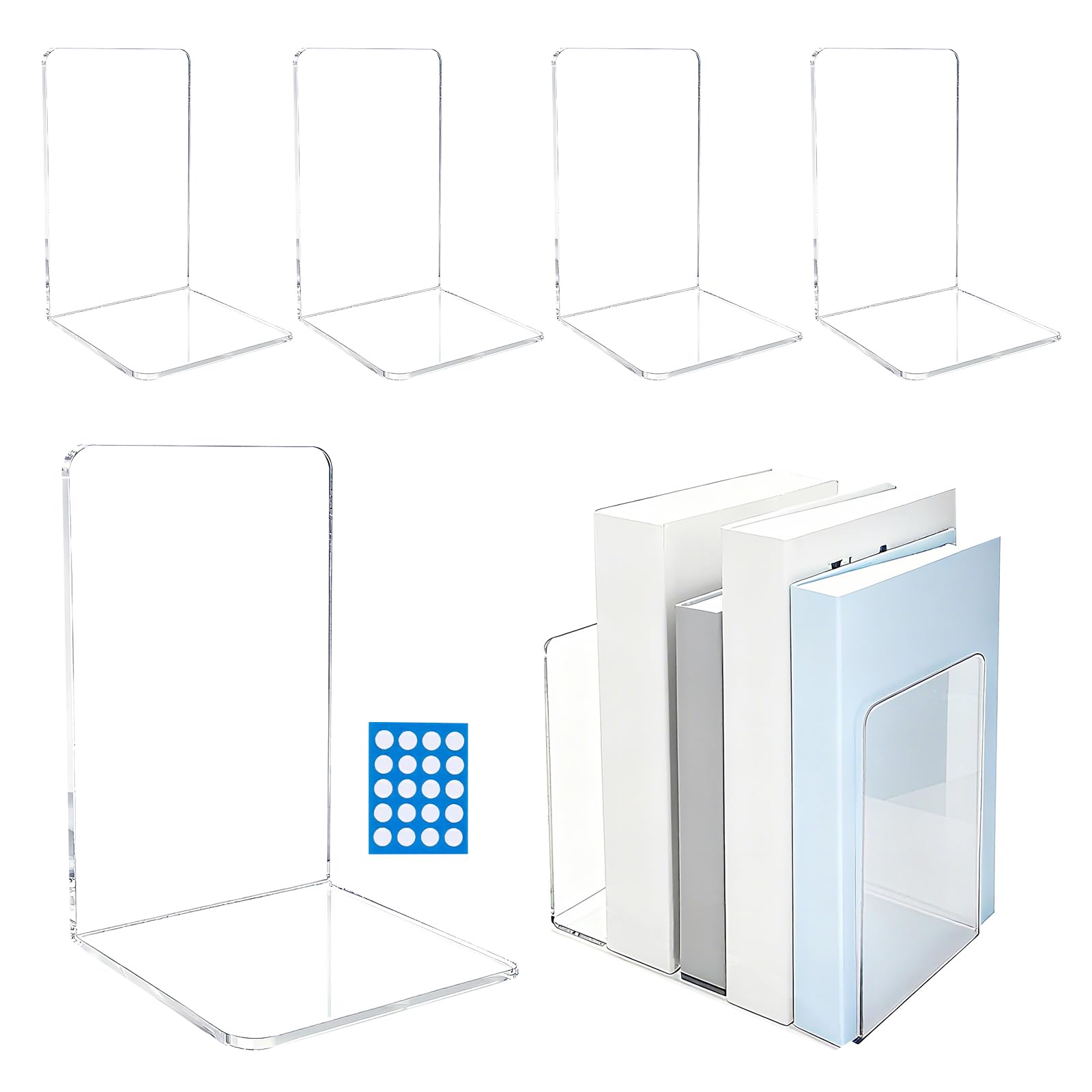 5 Pack Clear Acrylic Bookends with 20 Anti Slip Dots, Thick Transparent Book Ends for Shelves, Desk, Office and Bookshelf Organisation