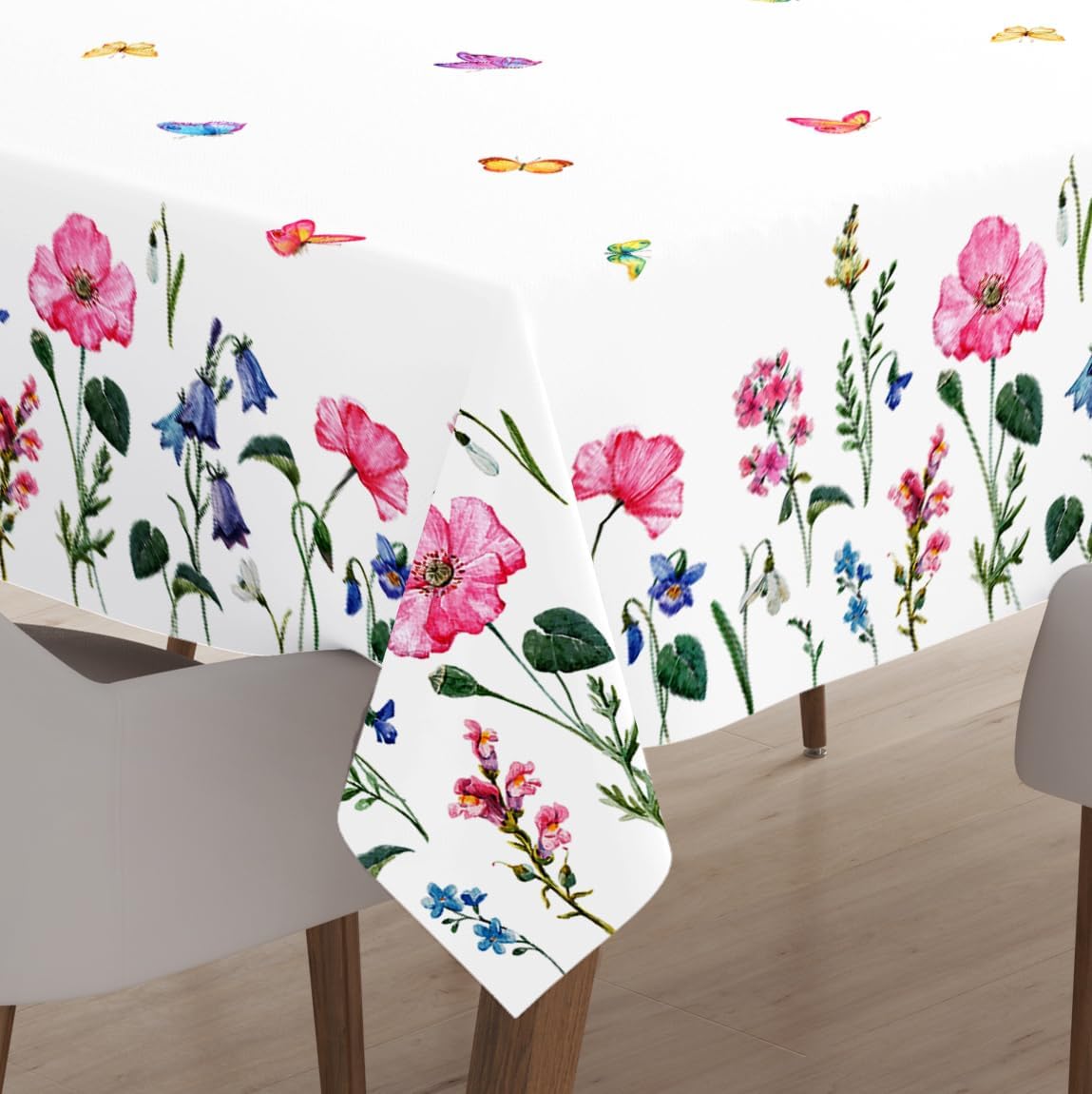 Encasa XO Square 56"x56" Tablecloth | Water-Repellent Polyester Dining Table Cover for Christmas | Wipeable Indoor Outdoor Table Cloth | Floral Pink Butterflies