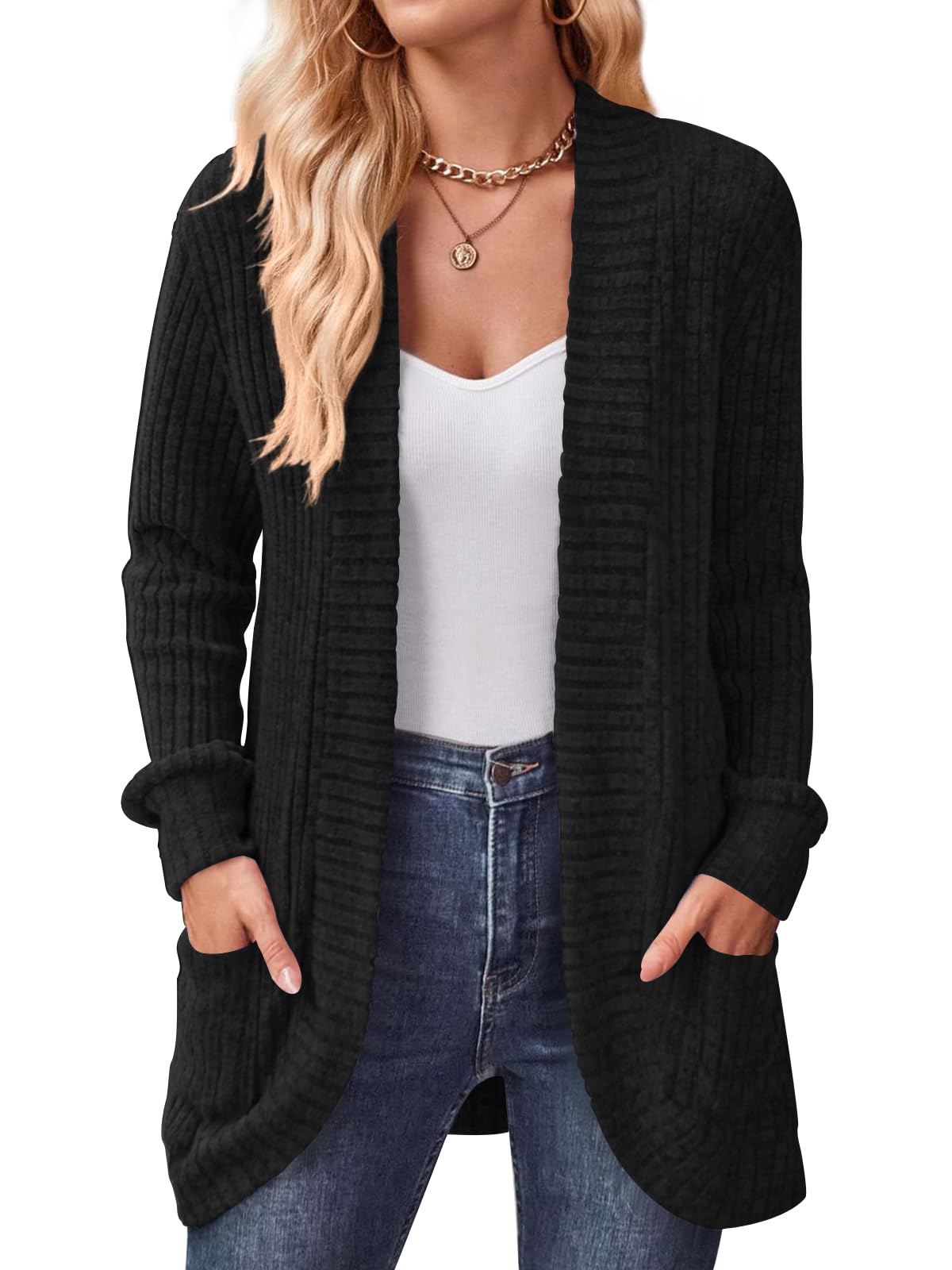 DB MOON Womens Long Cardigan Lightweight Sweater Open Front Long Sleeve Outfits with Pockets