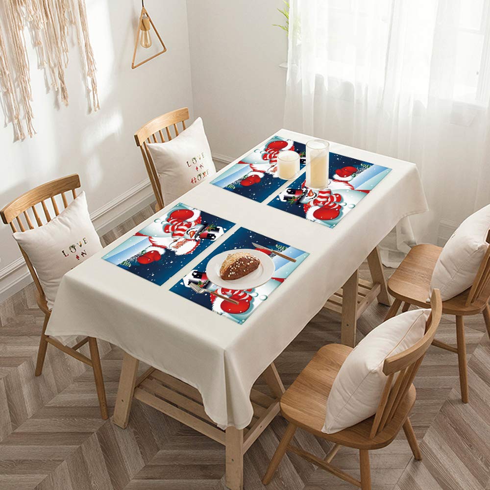 Placemats, Table Mats Set with 4 x Placemats,Christmas,Smiling Santa Claus Hugging Snowman in Cartoon Style Winter Hills Fir Tree,Easy to Clean Washable Non-Slip Heat Resistant Kitchen Table Place Mat
