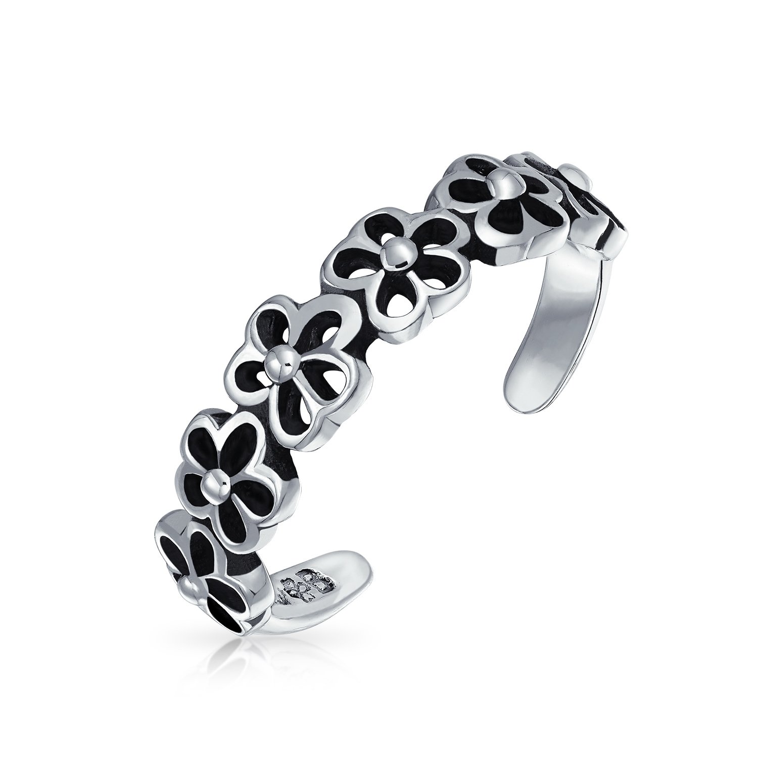 Bling Jewelry Conjunto de Dos Flores de Margarita Abiertas y Anillo de Dedo del Pie con Banda Dividida Midi de Rosa Negra Tallada para Mujeres Oxidado .925 Plata de Ley Ajustable