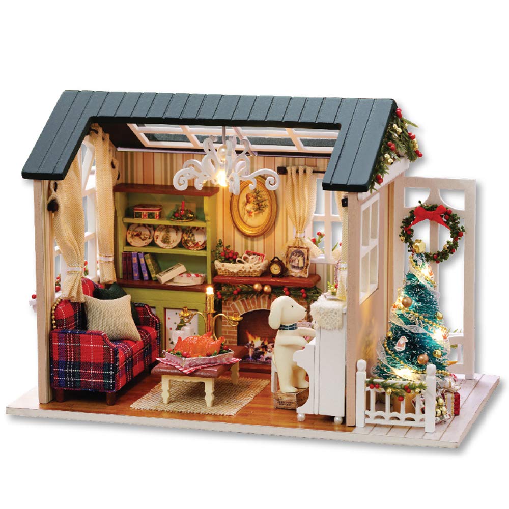 Spilay DIY Miniature Dollhouse Wooden Furniture Kit,Handmade Mini Retro Style Home Model with Dust Cover & Music Box,1:24 Scale Creative Doll House Toys (Holiday time) Z09